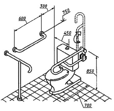 Примеры оборудования поручнями туалетных комнат или кабин ванных и душевых комнат в общественных зданиях и сооружениях