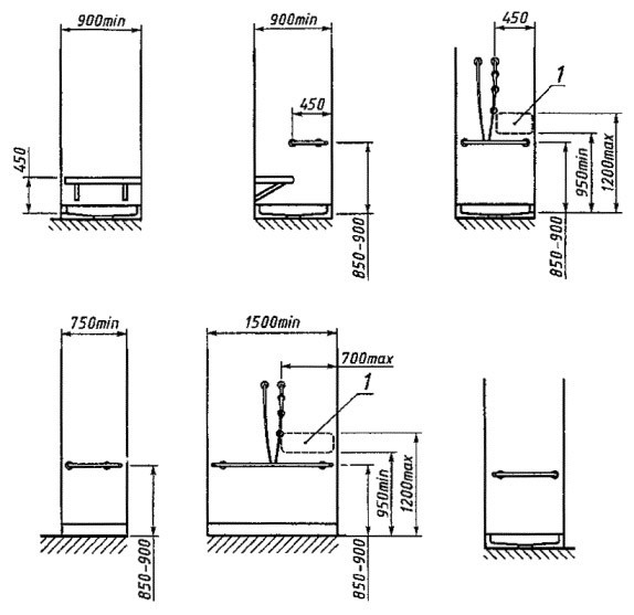 Примеры оборудования поручнями туалетных комнат или кабин ванных и душевых комнат в общественных зданиях и сооружениях