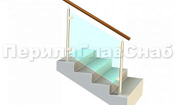 Ограждение с деревянным поручнем с зажимными стеклодержателями и стойками в Симферополе. Готовые проекты ПерилаГлавСнаб