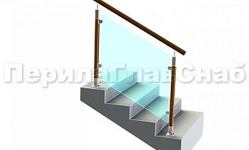 Ограждение с круглым деревянным поручнем с зажимными стеклодержателями и стойками с деревянными вставками в Симферополе. Готовые проекты ПерилаГлавСнаб