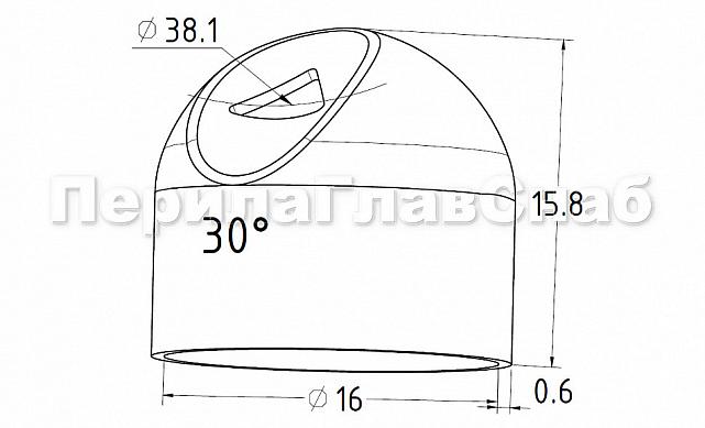 Наконечник штампованный (СПС) косой 30° на трубу Ø16 мм, для поручня Ø38.1 мм, полированный, нержавеющий, 400Grit, AISI 304, k212-2 2