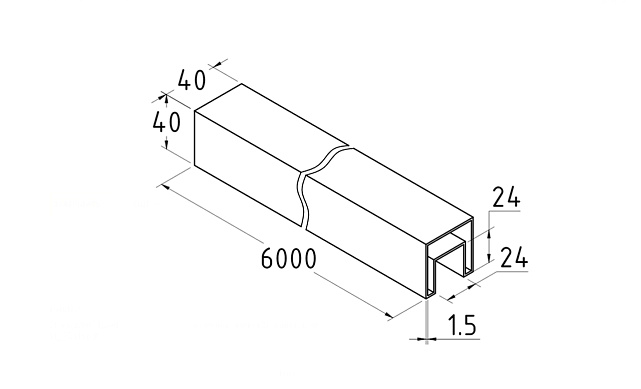 Труба 40х40 мм с пазом 24 х 24 под стекло, AISI 304 шлифованная k856-2 2 Труба 40х40 мм с пазом 24 х 24 под стекло, AISI 304 шлифованная k856-2 2