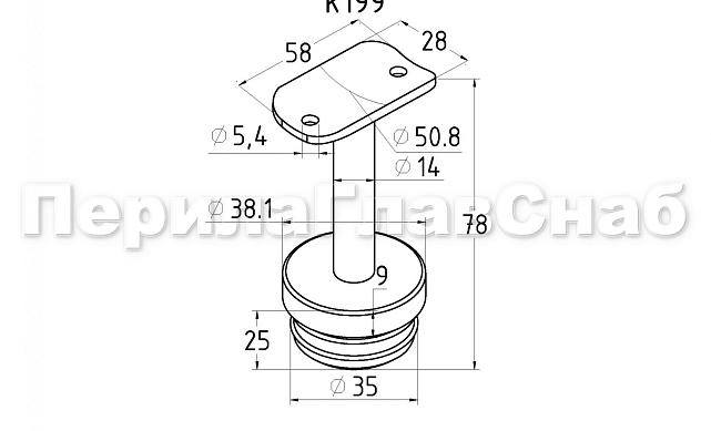 Наконечник палец с алюминиевой системой фиксации на стойке Ø38.1х1.5 мм, с не регулируемым ложементом 90° под поручень Ø50.8 мм, полированный, нержавеющий (AISI 304) k199 2