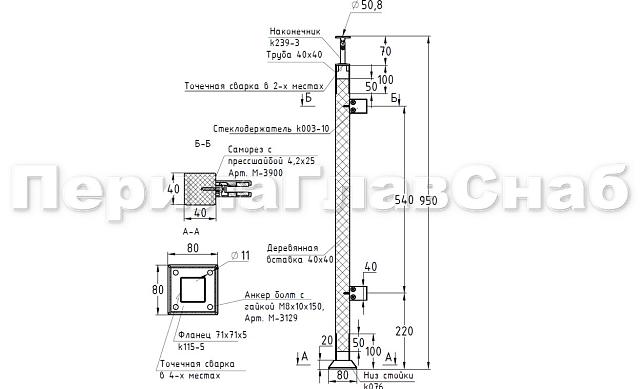 Готовая стойка 40х40х950 мм, деревянная, со вставками из нержавеющей стали 2х100 мм с 2 зажимными стеклодержателями k740-4-R 2